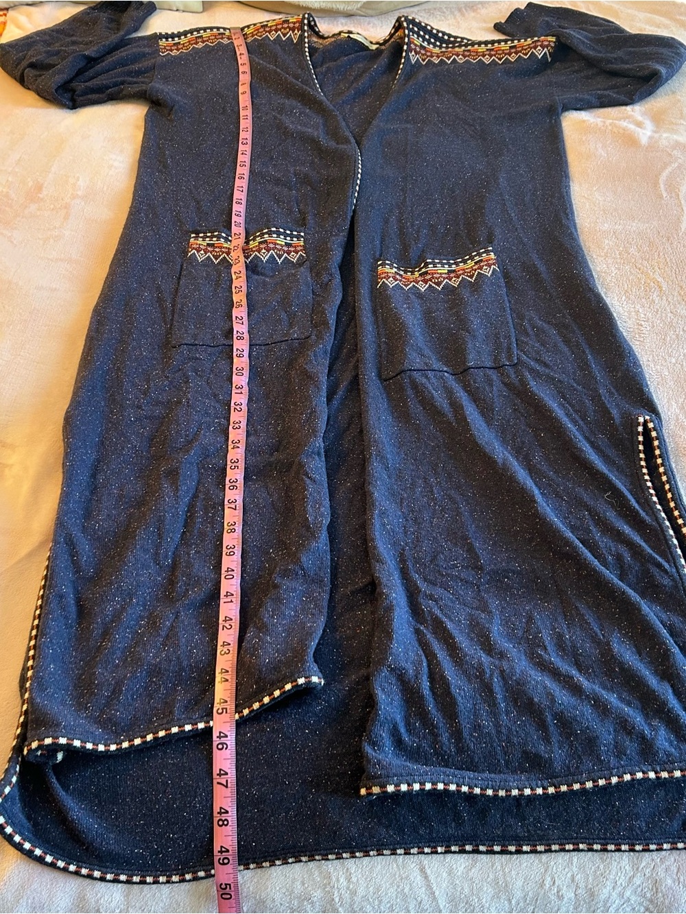 Soft Surroundings navy blue with aztec trim long open front duster cardigan - Picture 8 of 8